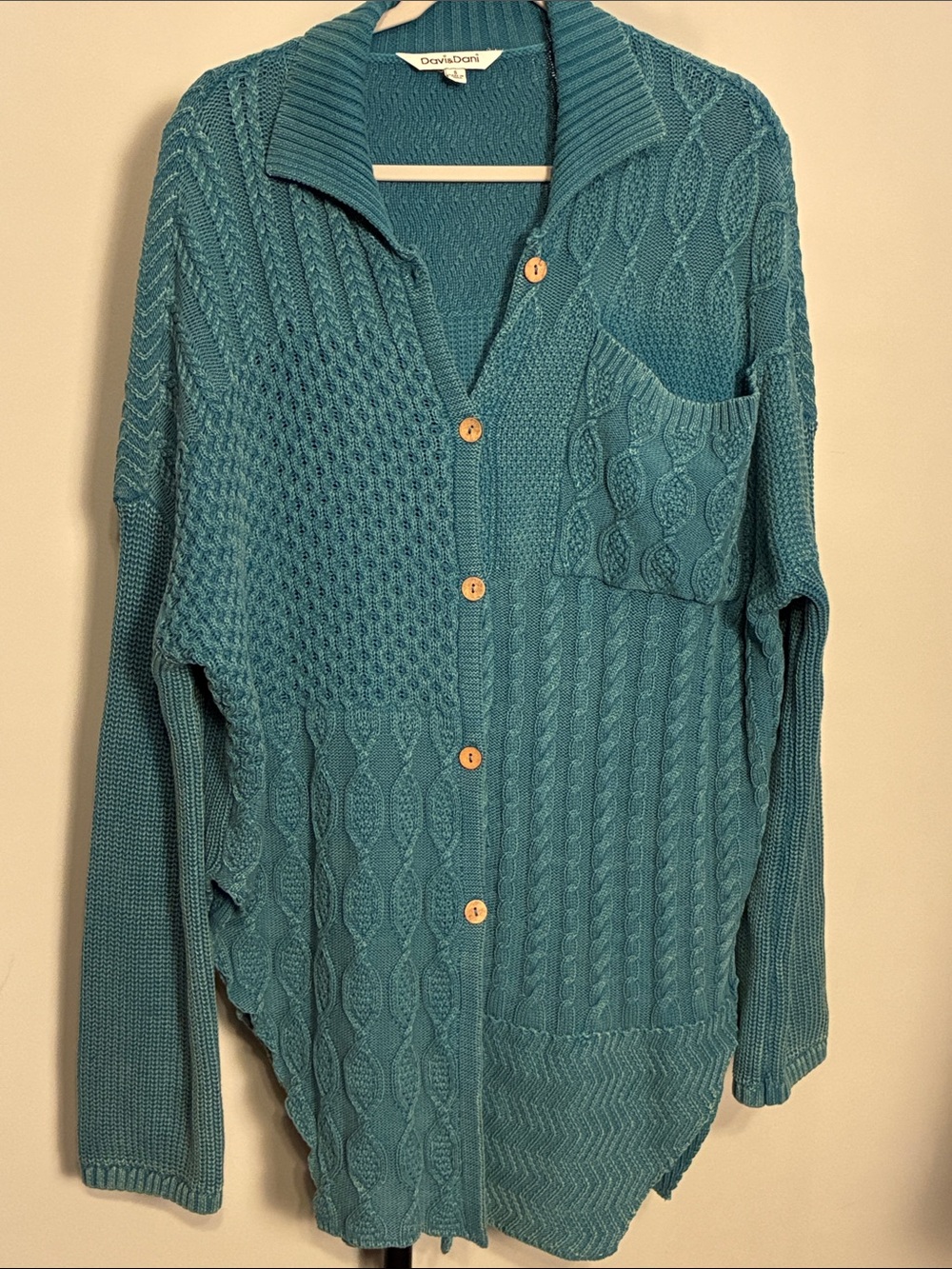 Davi & Dani Patchwork Cable Knit Button Up Collar Cardigan Teal Oversized Small